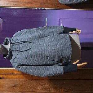 L Stoic Gray And Black Kangaroo Pocket High Neck Athleisure Sweater Thumb Holes